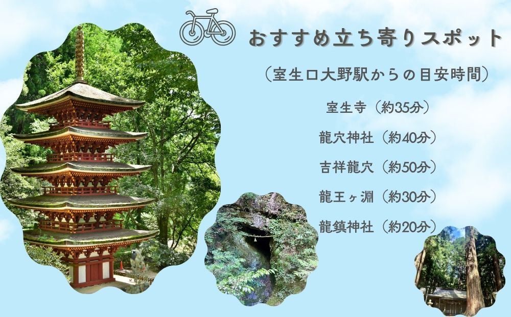【室生口大野駅発】電動レンタサイクル1日利用券（9:00～17:00）選べるペア利用（2台）または高性能E-bike ／ ふるさと納税 宇陀 室生観光 電動自転車 観光 龍穴神社 アクセス サイクリン
