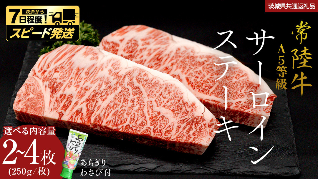 
            ＼ スピード発送 ／【 常陸牛 】 A5 等級 サーロインステーキ 500g 750g 1kg (1パック250g) あらぎり わさび 付 (茨城県共通返礼品) ひたちぎゅう ブランド牛 ステーキ サーロイン 国産牛 黒毛和牛 和牛 国産黒毛和牛 お肉 A5ランク 山葵 ワサビ
          