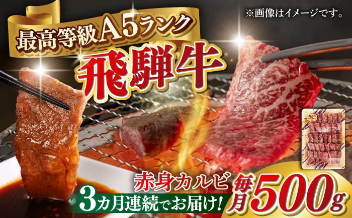 
            【3回定期便】A5等級 飛騨牛 赤身カルビ 焼肉用 500g BBQ 焼き肉 A5ランク 岐阜市 / 三心 [ANGY008]
          