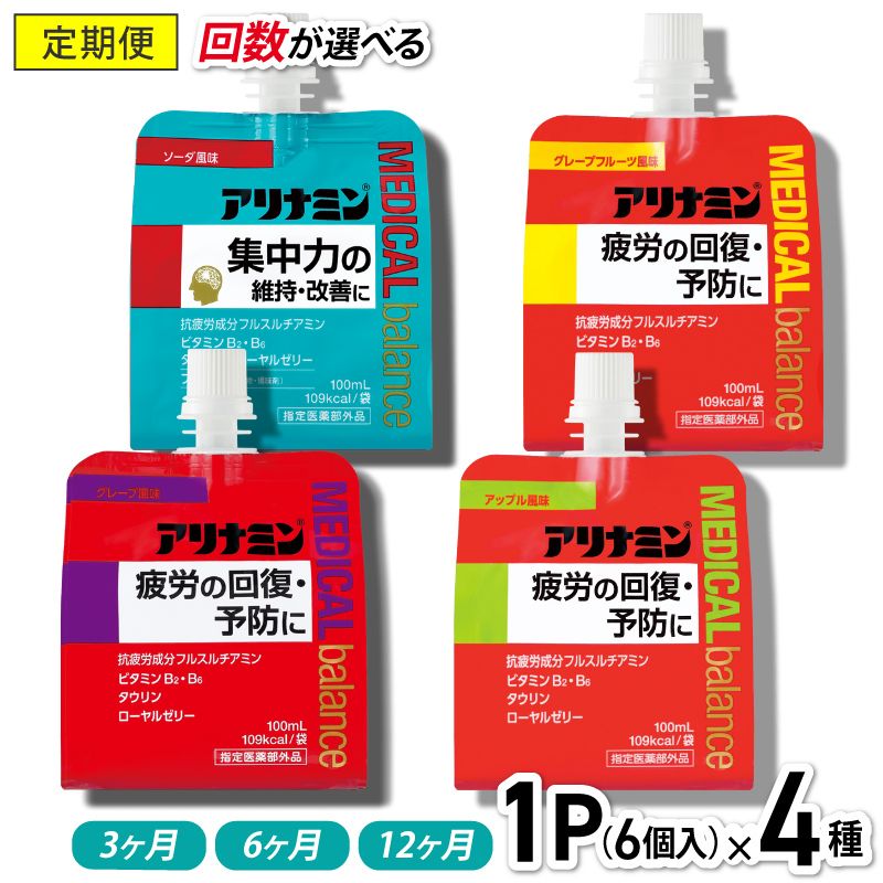 【ふるさと納税】【定期便】 アリナミン メディカルバランス 4種セット（ソーダ味、グレープフルーツ味、アップル味、グレープ味） 100ml×24個（各種6個）《配送回数が選べる》／ ゼリー フルスルチアミン ビタミンB2 B6 タウリン ローヤルゼリー 備蓄 行動食 疲労回復