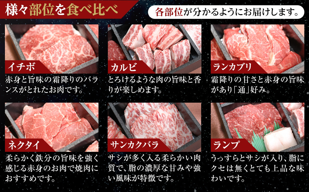 焼肉 北海道産 星空の黒牛 厳選6種 食べ比べ 約650g【 肉 にく ニク 牛肉 牛肉赤身 赤身 牛肉セット バーベキュー 冷凍牛肉 贅沢牛肉 国産牛肉 北海道産牛肉 道産牛肉 簡単 お手軽 特製牛