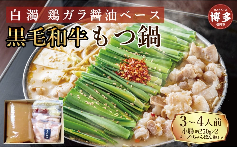 
            【福岡市】黒毛和牛もつ鍋　白濁 鶏ガラスープ醤油スープ　３〜４人前セット
          