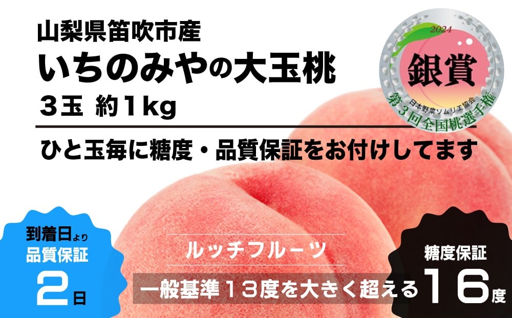 
            【全玉糖度16度保証付】一宮の大玉桃 3玉 約1kg 全国桃選手権『銀賞』受賞桃＜数量限定＞美味しいフルーツだけをお届けします【ルッチ Rucci】産地直送 山梨県 笛吹市 糖度 品質 保証 ジューシー 桃 もも ピーチ 新鮮 旬 くだもの 果物 フルーツ 人気 ランキング リピート 高評価 ギフト 贈答 贈り物 化粧箱   期間限定 104-067
          