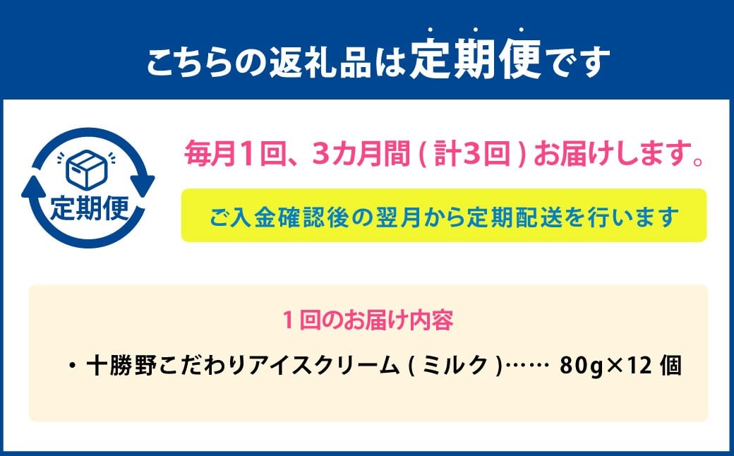 【3ヶ月定期便】 十勝野こだわりアイスクリーム（ミルク） 80g×12個 セット 3回 計36個 アイス ジェラート スイーツ アイスクリーム [027-0134]