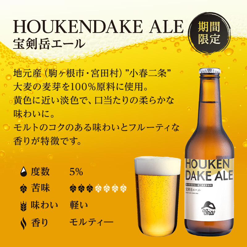 【数量限定 / 期間限定】南信州ビールOgna「宝剣岳エール」（330ml×12本セット）【駒ヶ根市産大麦麦芽使用】 お酒 晩酌 家飲み BBQ