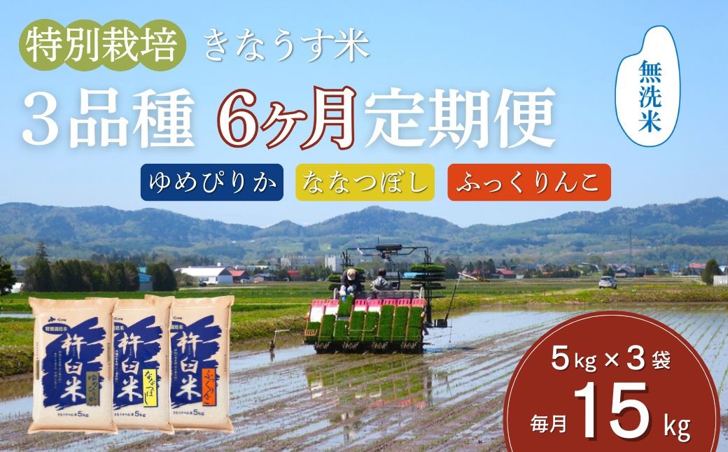 
            【無洗米6ヶ月定期便食べ比べセット】特別栽培「きなうす米」 毎月3品種×5kg計15kg　R002
          