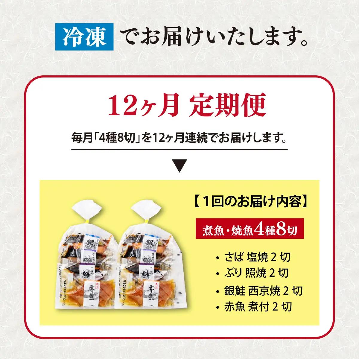 【12ヶ月連続 定期便】骨取り 煮魚 焼き魚 西京漬 4種8切 レンチン [L-088063]