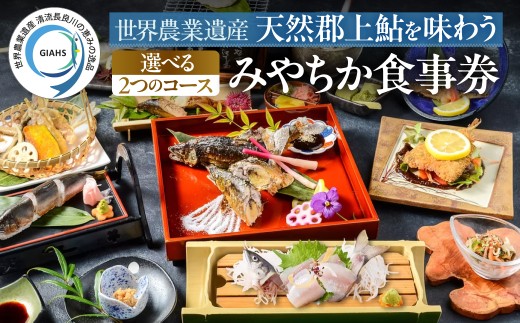 みやちか食事チケット 選べる ２つの人気コース「長良膳 26000円」長良川 郡上鮎 食事券 魚介類 鮎料理 懐石料理 子持ち鮎 鮎塩焼き 郡上市