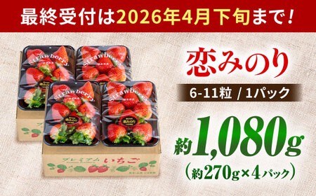 【先行予約】こば農園のこだわりいちご　恋みのり 約1080g（約270g：6～11粒×4パック） 【合同会社 こば農園】[ZFO006]