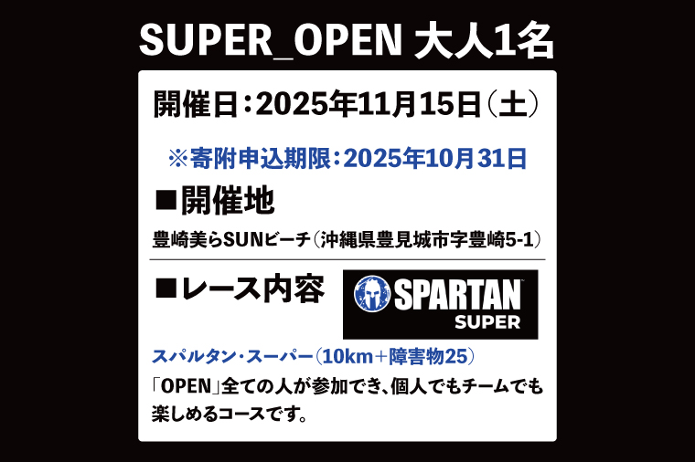 スパルタンレース沖縄2025参加チケット【SUPER_OPEN】大人1名様｜レース 障害物レース スパルタン スパルタンレース チケット 体験チケット 体験 健康 ランニング トレーニング 沖縄県 豊見城市(DP003)
