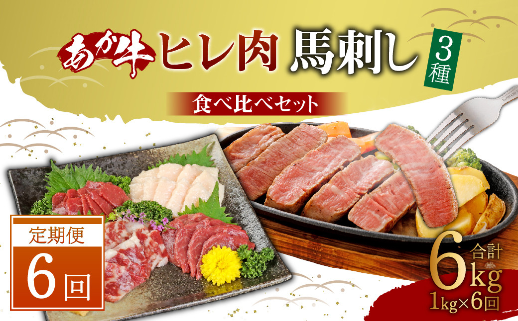 
【定期便6か月】 あか牛 ヒレ肉 800g (6枚前後)・ 馬刺し 200g ( 赤身 100g 霜降り 50g たてがみ 50g) 食べ比べ セット
