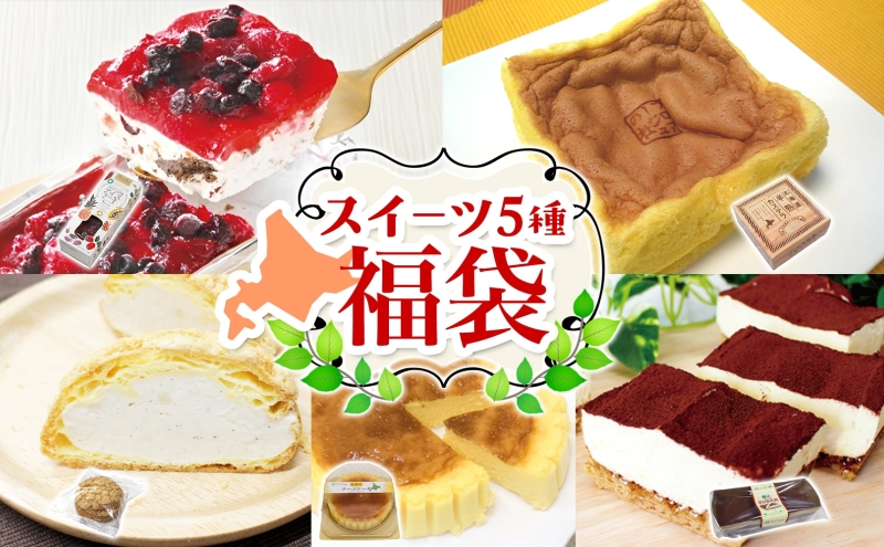 北海道スイーツの福袋 5種 各1個 カステラ チーズケーキ アイスケーキ ティラミス クリームシュー 滝川市