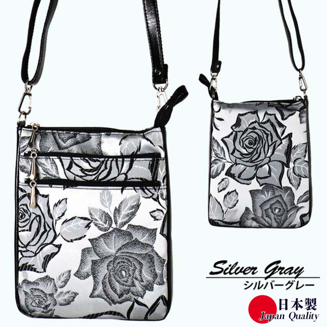 【ふるさと納税】ローズ柄 シルバーグレー ポシェット BR-62 縦型 日本製 ミニショルダーバッグ レディース ／ まちづくり観光振興機構 傘生地 ブロケード織り 旅行 ウォーキング 防水 奈良県 田原本町