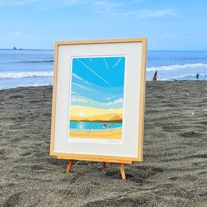 湘南・茅ヶ崎で描く、海を感じるイラストアート 『 湘南ランドスケープ02：ひこうき雲 』 ジークレーアートフレーム （大/セピアカラー） /絵画 風景 版画