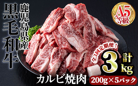 ＜定期便・全3回＞A5等級鹿児島県産黒毛和牛カルビ焼肉(計3kg・200g×5パック×3回) カルビ 焼肉 黒毛和牛【カミチク】T23-v01