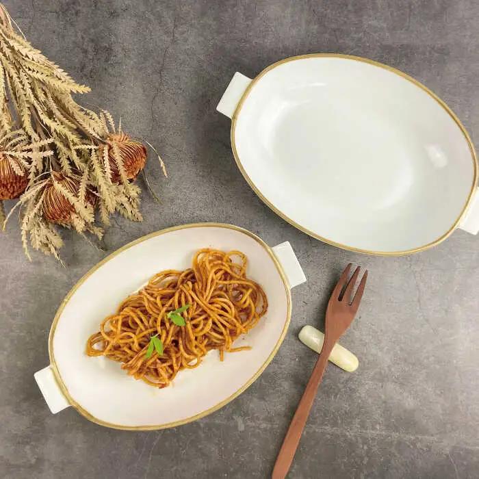 【波佐見焼】グラタン皿 大 ホワイト（藁白） 2枚セット カレー皿 パスタ皿 食器 皿 【和山】 [WB134]  波佐見焼