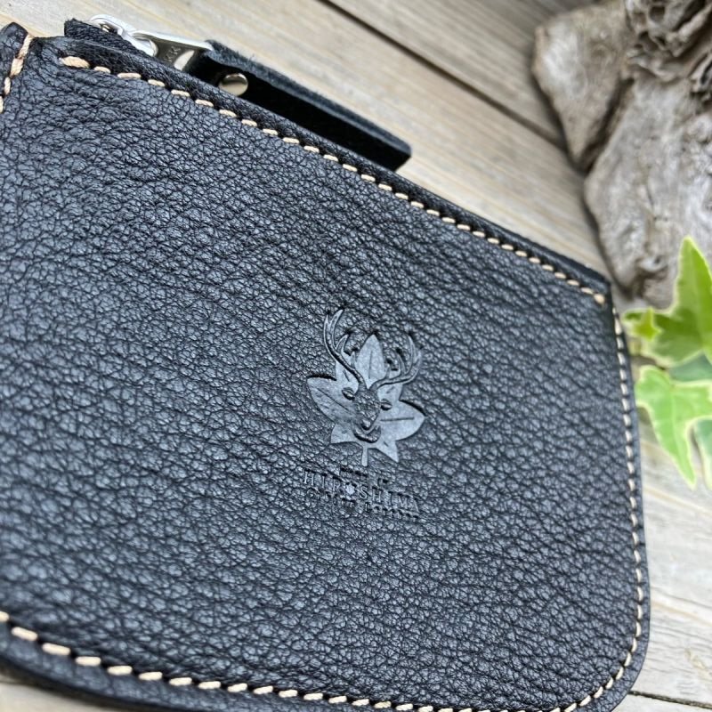 広島ジビエレザー　東広島産天然鹿革　本革ファスナー小銭入れ お札もカードも入るコインケース　【01ブラック】