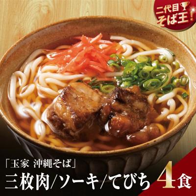 ふるさと納税 南城市 【人気の名店・そば処 玉家】沖縄3種食べ比べ4食セット(ソーキ2人前/三枚肉1人前/てびち1人前)