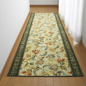 日本製 廊下カーペット 65cm×440cm 【オリエンタル更紗】 滑り止め加工 (グリーン)【1273145】