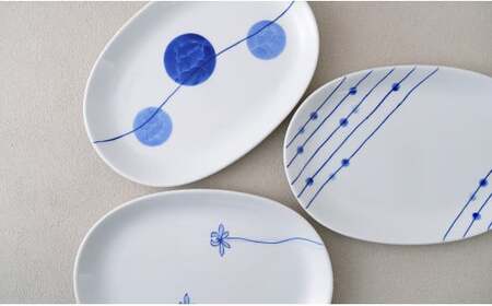 有田焼 染付 楕円皿 3柄セット（すだれ十草・ゆらぎ花・ゆらぎ2色玉だみ）【やきものの里】食器 器 うつわ プレート 電子レンジ対応 磁器 25000円 A25-581