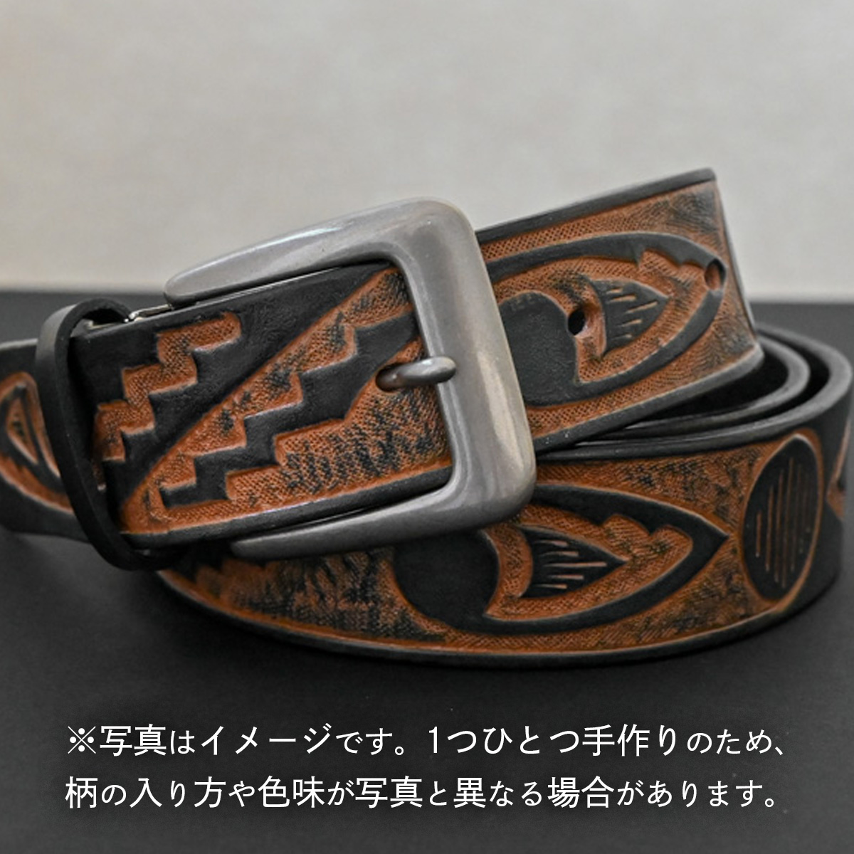 牛革ベルト インディアン槍模様 紺かすれ染め【太さ35mm / 厚さ3.7mm / M(110cm)】 父の日 牛革 牛 革 皮 ベルト 手作り ハンドメイド [BE038ya-M]