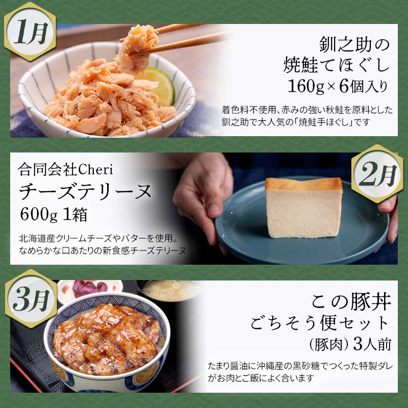 【 定期便 12か月 】釧路市 を感じる定期便 鮭 保存食 スイーツ 豚丼 牛 ステーキ うに ウニ 雲丹 肉 コーヒー たらこ ホタテ いくら 数の子 魚卵 頒布会 セット F4F-8187