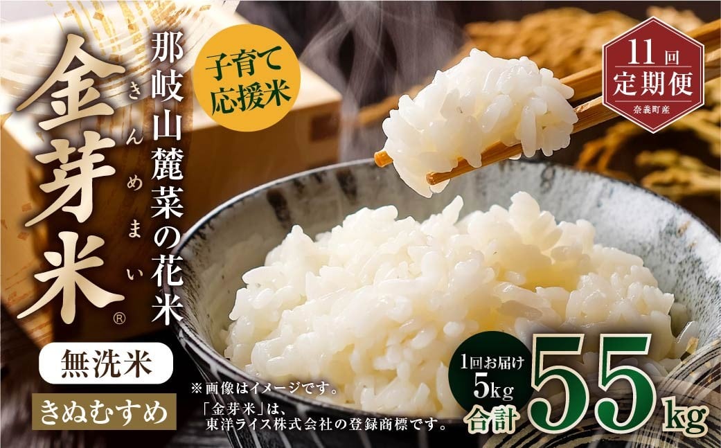 
            【 11回 定期便 】 子育て 応援 米 【 令和 7年 産 】 那岐山麓菜の花米 金芽米 無洗米 きぬむすめ 5kg 合計 55kg 米 お米 コメ 無洗米 岡山県 奈義町
          