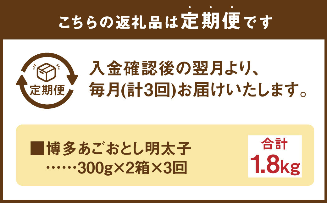 【定期便3ヶ月】 博多 あごおとし 明太子 600g 300g×2パック