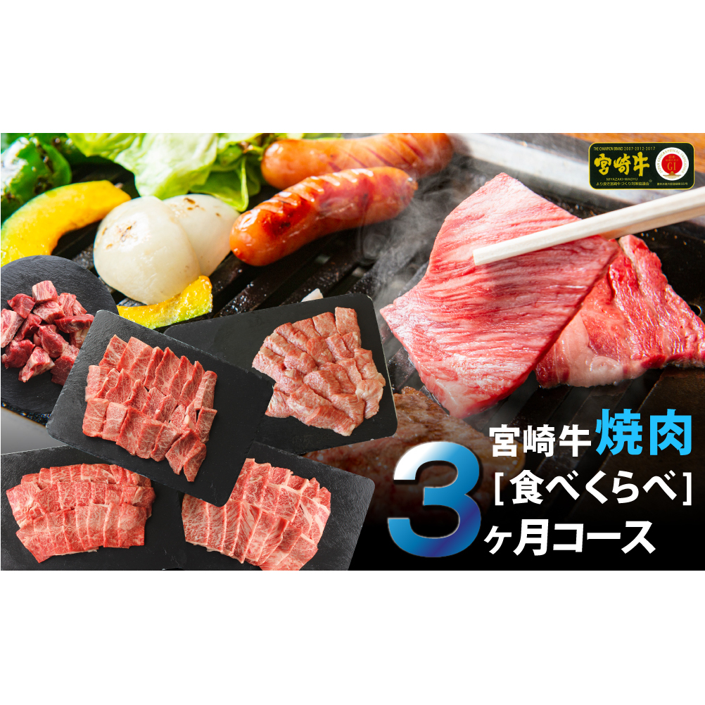 3回 定期便 宮崎牛 焼き肉 食べ比べ 3ヶ月コース 合計2.2kg [SHINGAKI 宮崎県 美郷町 31ag0089] ウデ 腕 バラ カルビ クラシタ モモ 三角バラ ヒレ フィレ ヘレ サイ