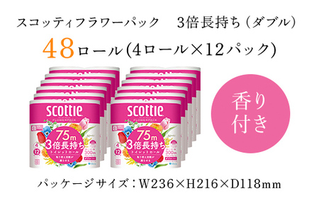 【ボックスティッシュ60箱＋トイレットロール48ロール セット】スコッティティシューフラワーボックス250組60箱(1ケース5箱×12パック) と スコッティフラワーパック3倍長持ち4ロール（ダブル）