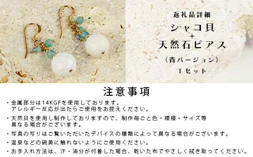 シャコ貝+天然ピアス　青バージョン【 国産  シャコ貝 ピアス アクセサリー  沖縄県 沖縄 琉球 八重山 八重山諸島 石垣島 石垣市 石垣 沖縄産 】RY-1-blue