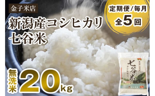 【令和7年産新米】【定期便5ヶ月毎月お届け】老舗米穀店が厳選 新潟産 従来品種コシヒカリ「七谷米」無洗米20kg（5kg×4）〈順次出荷〉 窒素ガス充填パックで鮮度長持ち 金子米店