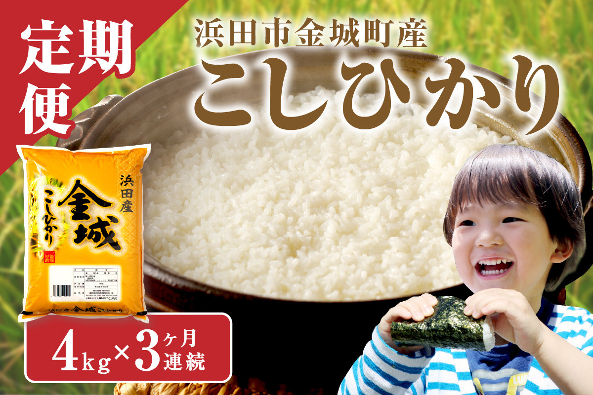 
            【令和6年産】【定期便】浜田市金城町産こしひかり ４Ｋｇ×３回コース 定期便 米 お米 こしひかり コシヒカリ 定期 定期便 3回 一等米 【1624】
          