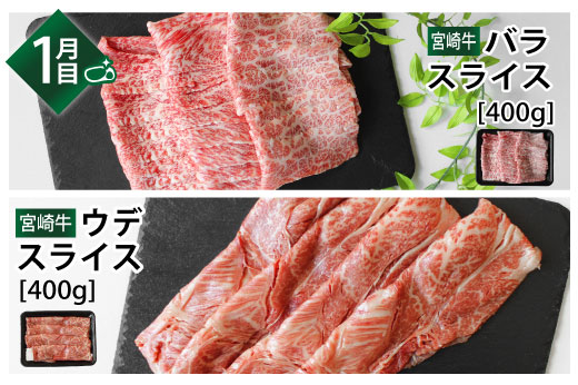 【定期便】【3ヶ月定期便】宮崎牛 しゃぶしゃぶ すきやき 食べ比べ 定期便 3ヶ月コース 合計2.4kg バラ スライス ウデ クラシタ リブロース モモ 三角バラ 焼きしゃぶ 肉巻き サラダ 冷凍 