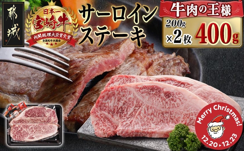 
            【☆クリスマス☆】宮崎牛サーロインステーキ(200g×2枚)≪12月20日～23日お届け≫_AC-N401-OJX_(都城市) 4等級以上 ステーキ 牛肉 宮崎牛 和牛 国産 サーロイン 400g サシ 霜降り 真空パック クリスマス
          