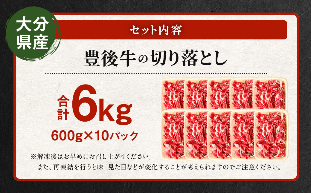 豊後牛 切り落とし 合計約6kg (約600g×10パック) 牛肉 国産 大分県産