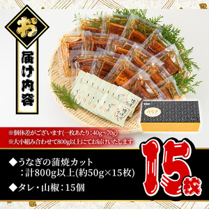 鹿児島県産 うなぎ蒲焼カット 15枚セット 鰻蒲焼 計800g以上(約50g×15枚) タレ・山椒付き カット鰻 鰻 カット【おおさき町鰻加工組合】B147