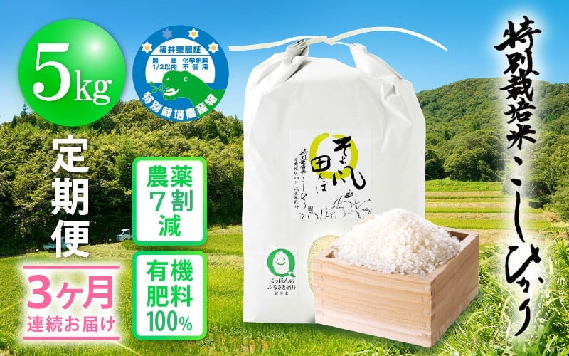 
                  令和7年産 米 定期便 ≪3ヶ月連続お届け≫ 特別栽培米 コシヒカリ 5kg × 3回 福井県産米（有機肥料100% 農薬7割減）「そよ風田んぼ」【人気品種 こしひかり 計15キロ 田んぼの天使 】 [e10-d003]
                