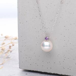 2月 誕生石 アメジスト｜一粒 アコヤパール ペンダント ネックレス｜無調色アコヤ真珠 8.0mm K10WG｜チェーン付き