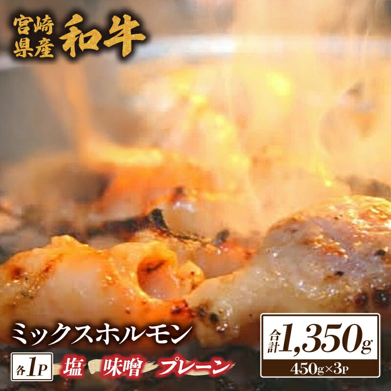 【ふるさと納税】【直売】小林市産倉薗黒毛和牛ミックスホルモン 3Pセット 計1.35kg（黒毛和牛 ホルモン モツ 焼肉）