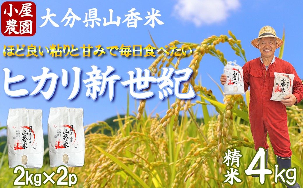 
                  新米 先行予約 令和8年産 精米 (ヒカリ新世紀) 4kg 【小屋農園】 2026年産 ＜159-026＞
                