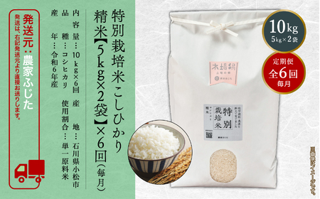 【定期便】農家ふじた 特別栽培米 こしひかり 精米 10kg(5kg×2袋)×6回（毎月） 149001