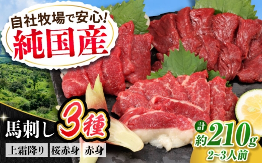 『純国産』熊本の味 馬刺し お試し 3種 セット 計約210g（2〜3人前）上霜降り馬刺し 霜降り馬刺し 赤身馬刺し 食べ比べ 馬さし 馬 肉 おつまみ 晩酌 馬肉 おためし 熊本 合志 冷凍【有限会社 九州食肉産業】 [AYCN002]