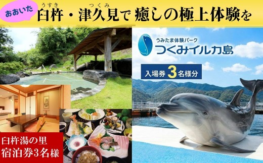 臼杵湯の里宿泊券と、うみたま体験パーク「つくみイルカ島」入場券 (３名様分) | チケット 入場券 利用券 宿泊券 体験型 観光 温泉 海鮮会席 ふれあい 水族館 九州 大分県