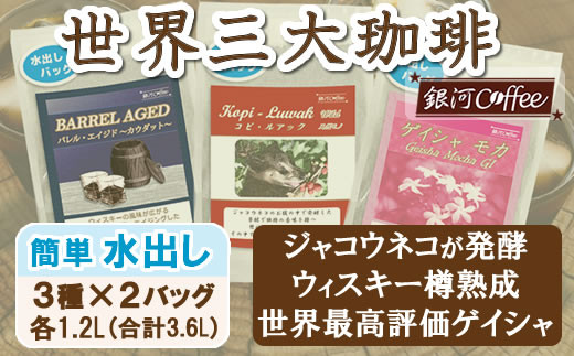 
【12203-0127】水出し珈琲セット（お手軽版） 生涯で飲みたい 世界３大コーヒー80g×3種 銀河コーヒー ふるさと納税 市川市 返礼品
