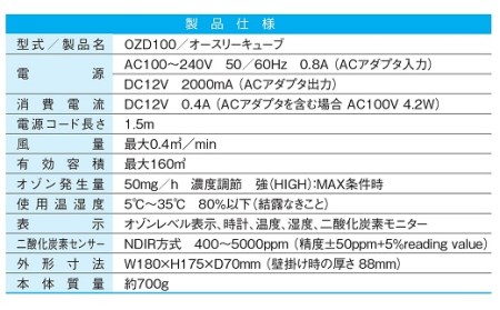 除菌・脱臭 二酸化炭素濃度センサー付きオゾン発生器 オースリーキューブ（ミントグリーン）[ZS00802]