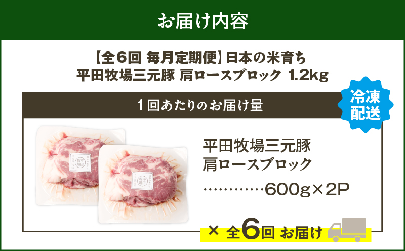 【全6回 毎月定期便】日本の米育ち平田牧場三元豚肩ロースブロック 1.2kg　T036-T11-02