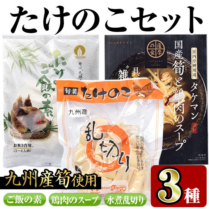【ふるさと納税】九州産たけのこセット(3種)たけのこご飯の素(3合用×2袋)・国産筍と鶏肉のスープ(200g×2袋)・たけのこ乱切(200g×2袋) たけのこ 筍 タケノコ 鶏肉 スープ ご飯の素 セット 詰め合わせ セット 九州産 晩御飯 【スーパーよしだ】