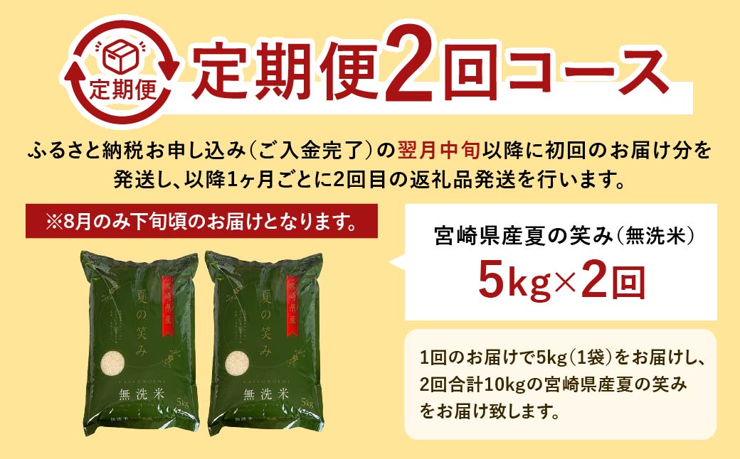 ＜【2ヶ月定期便】令和6年産 宮崎県産 夏の笑み（無洗米）5kg＞お申込みの翌月中旬以降に第1回目発送（8月は下旬頃） 米 夏の笑み 無洗米 精米 希少 品種 白米 お米 ご飯 宮崎県産