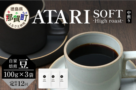 【定期便12回】【豆タイプ】珈琲屋 中-ATARI- SOFT (中煎り) -High roast- 100g×3袋×12回【徳島県 那賀町 自家焙煎 コーヒー 珈琲 ブレンド コーヒー豆 珈琲豆 豆